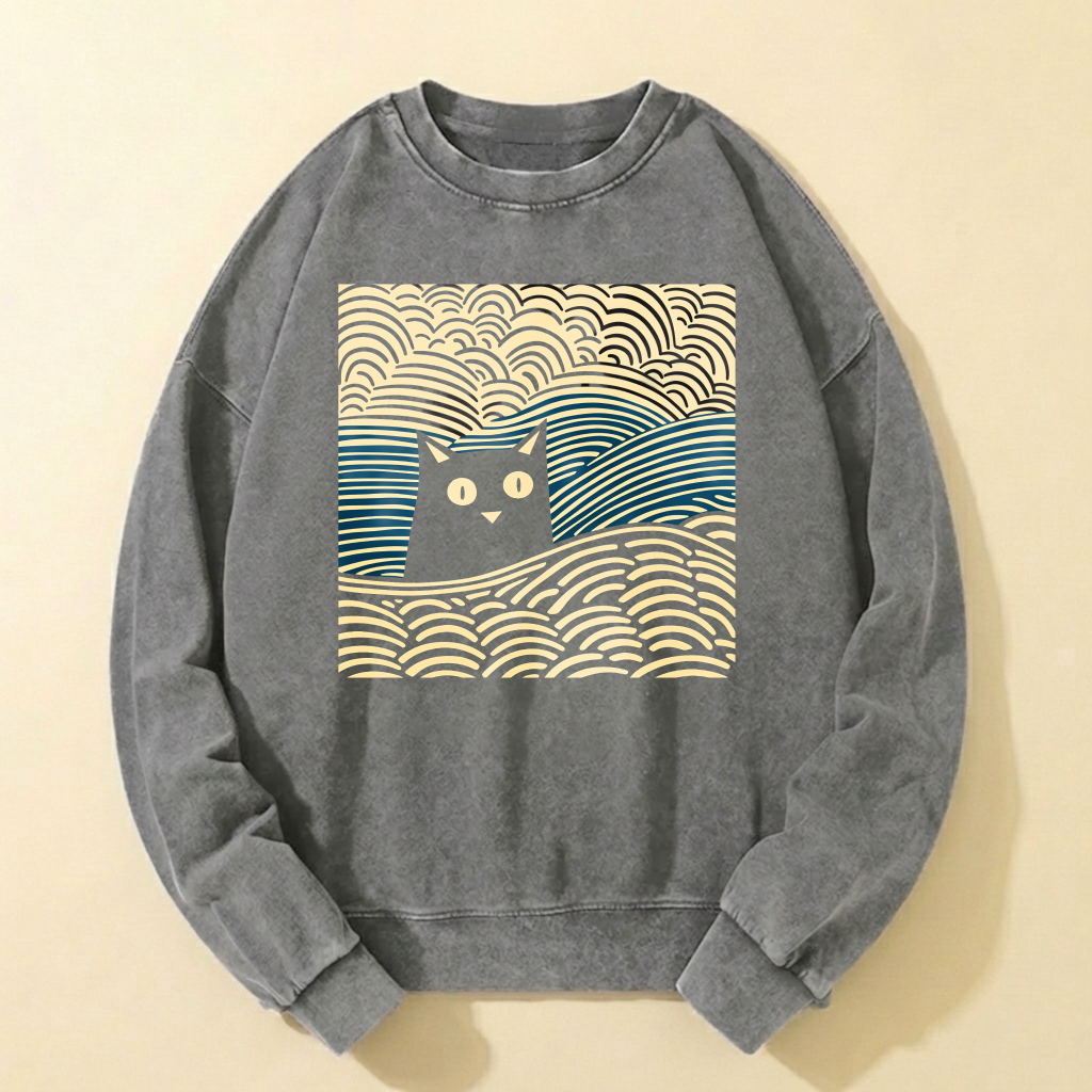 Black Cat Wave Pattern Crewneck Sweatshirt Artistic Design Unisex Casual Top