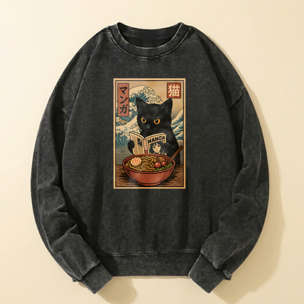 Black Cat Manga Ramen Japanese Art Sweatshirt Unisex Crewneck Long Sleeve Pullover Casual Top