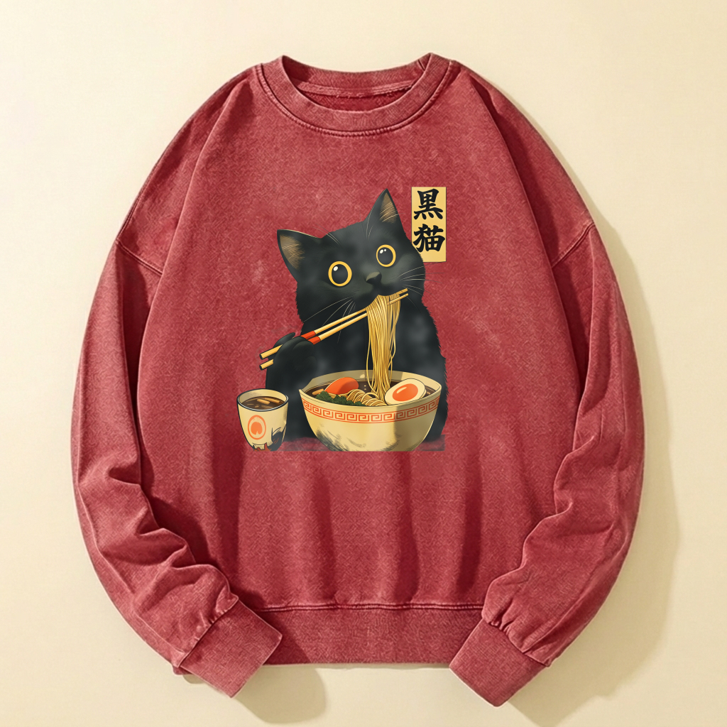 Black Cat Eating Ramen Sweatshirt Unisex Cotton Long Sleeve Pullover Casual Top With Japanese Style Design