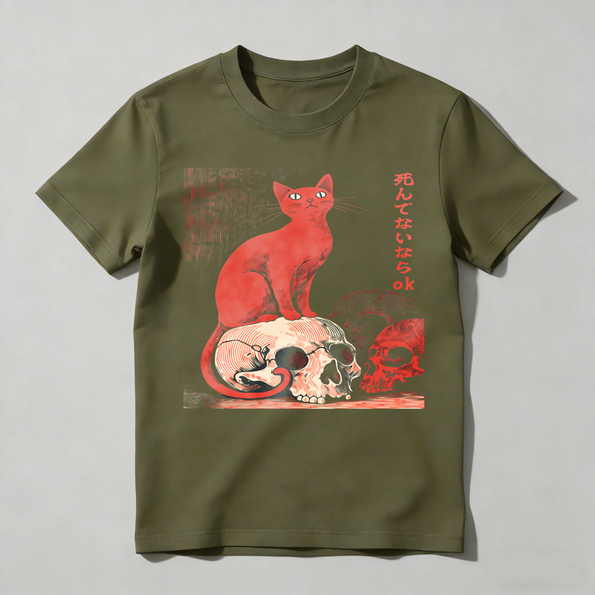 Red Cat Sitting On Skulls With Japanese Text tshirt 100% cotton
