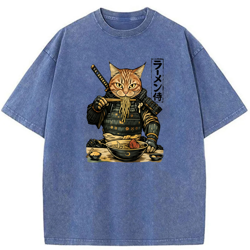 Cat Samurai Eating Ramen Noodles With Sword tshirt 100% cotton