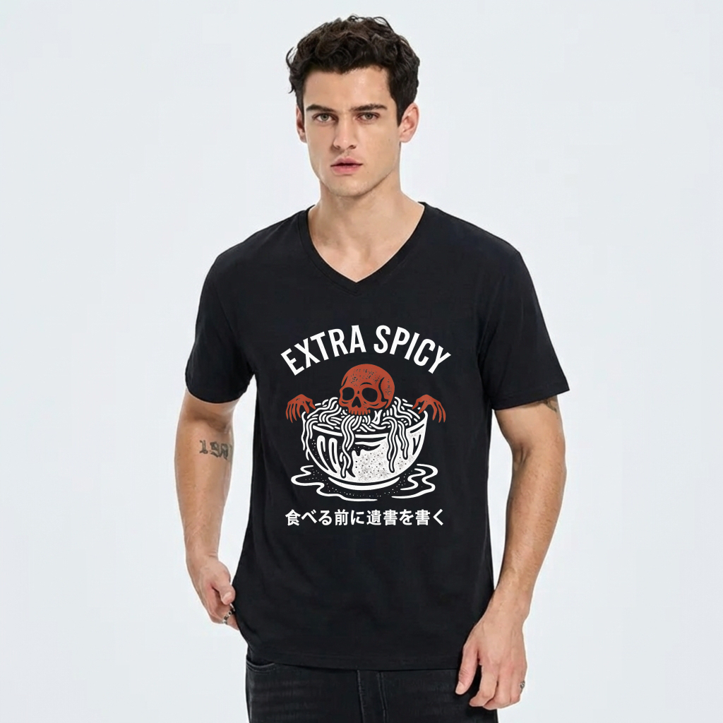 Extra Spicy Ramen Skull T-Shirt With Japanese Text Warning Design