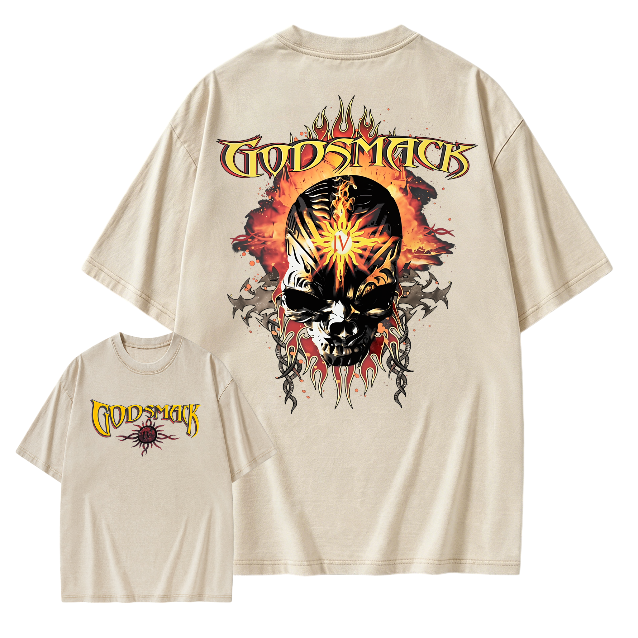 Vintage Flame Sun Skull Metal Graphic Washed T-shirt