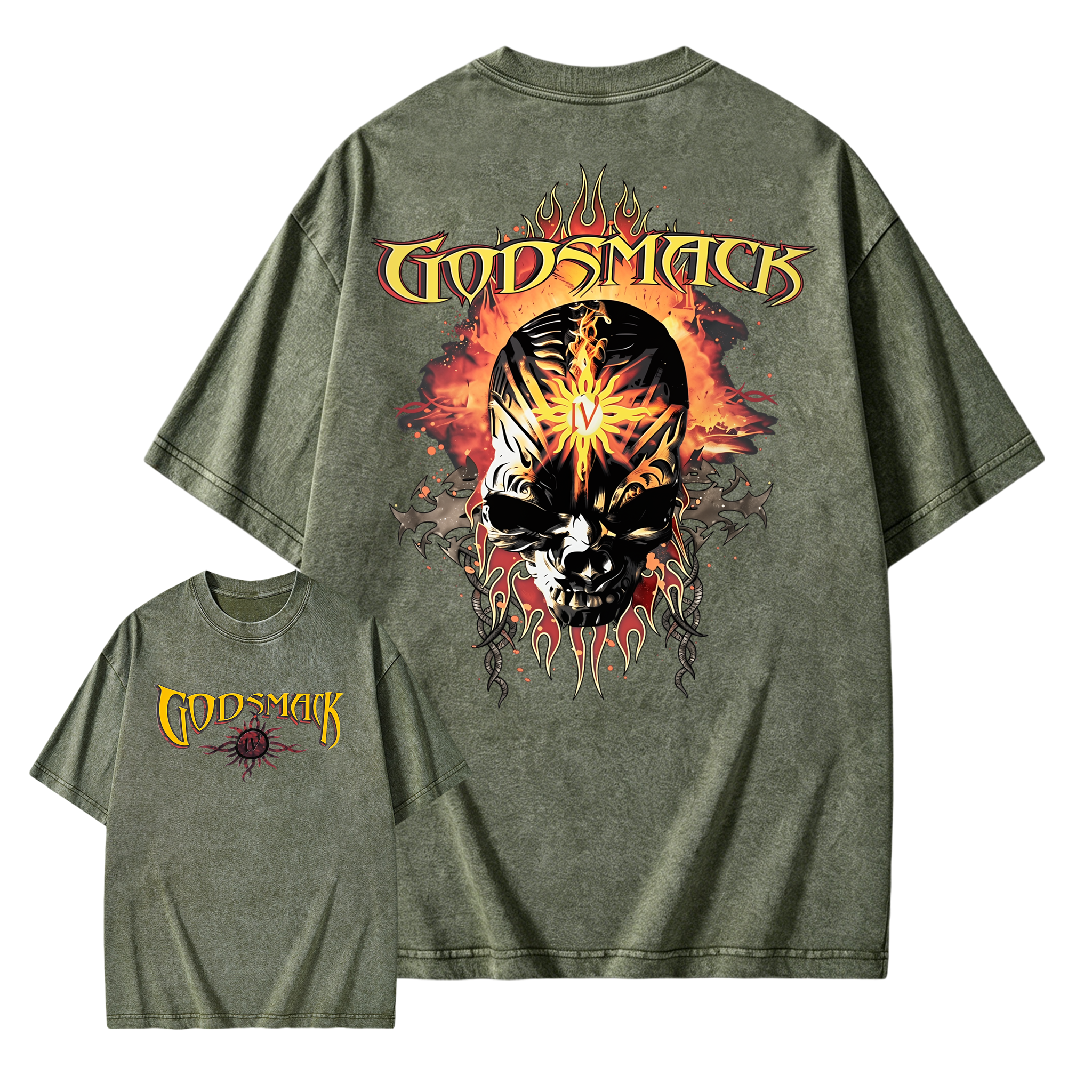 Vintage Flame Sun Skull Metal Graphic Washed T-shirt
