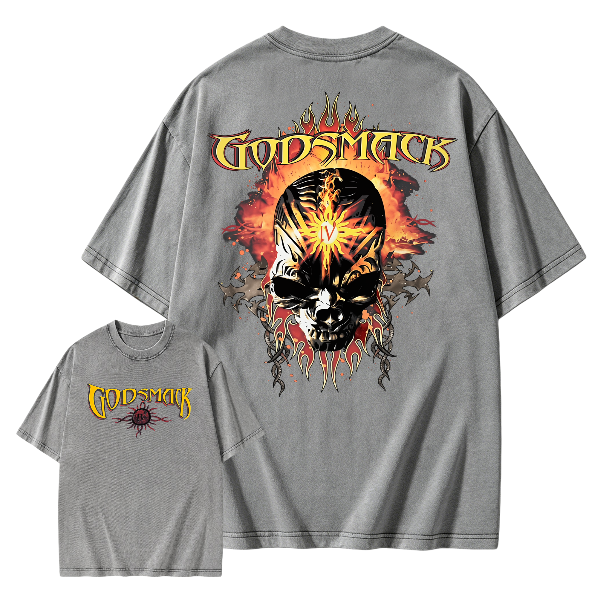 Vintage Flame Sun Skull Metal Graphic Washed T-shirt