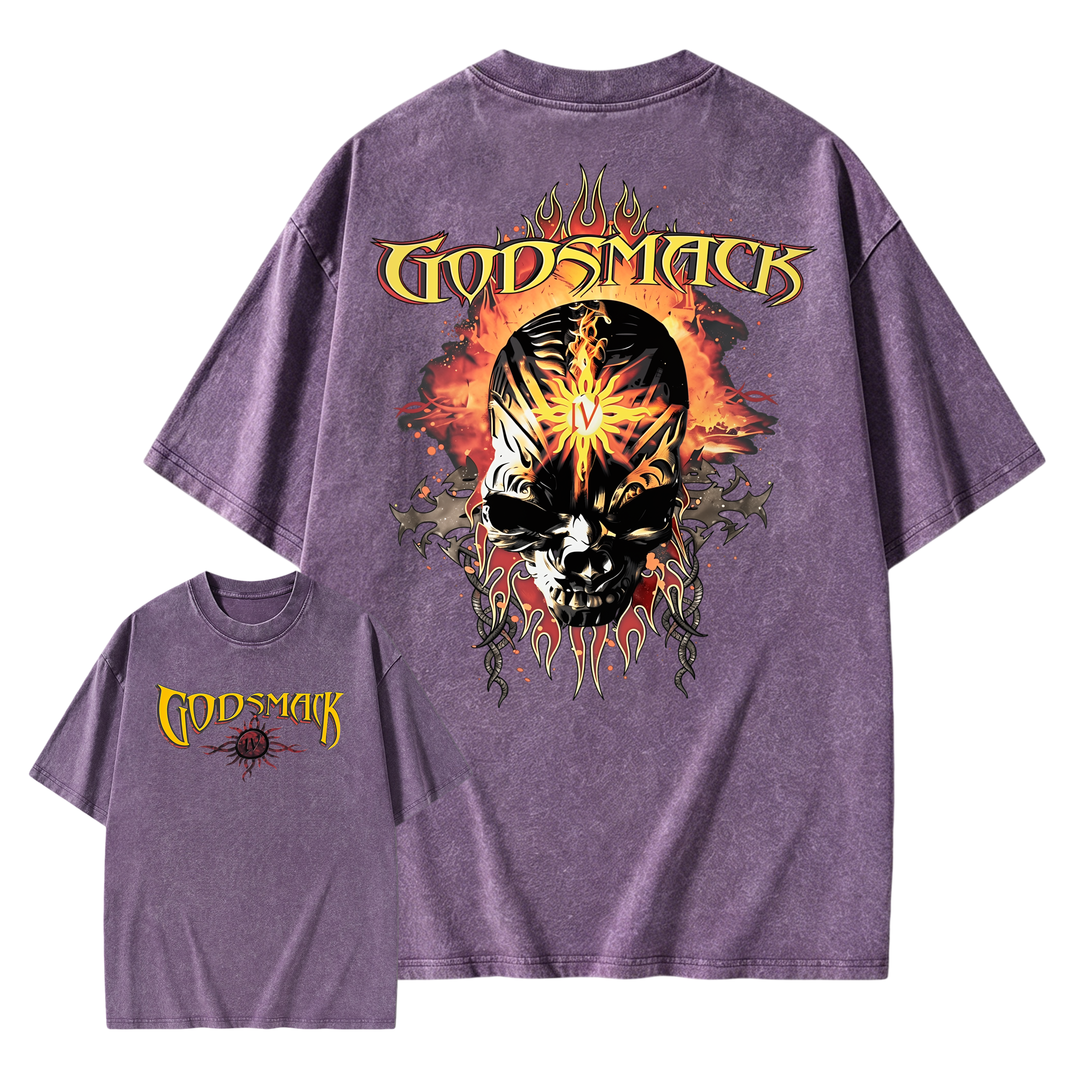 Vintage Flame Sun Skull Metal Graphic Washed T-shirt