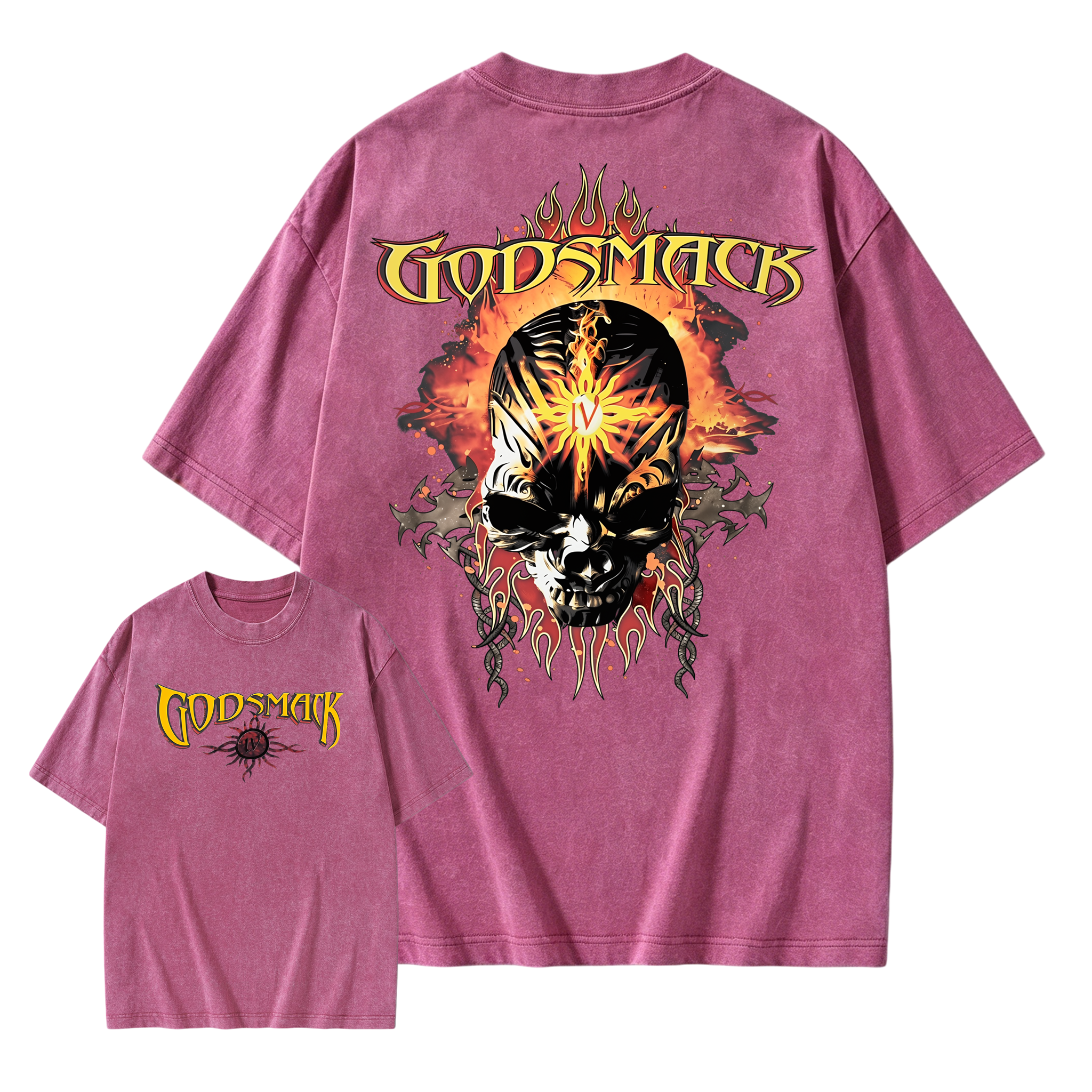 Vintage Flame Sun Skull Metal Graphic Washed T-shirt