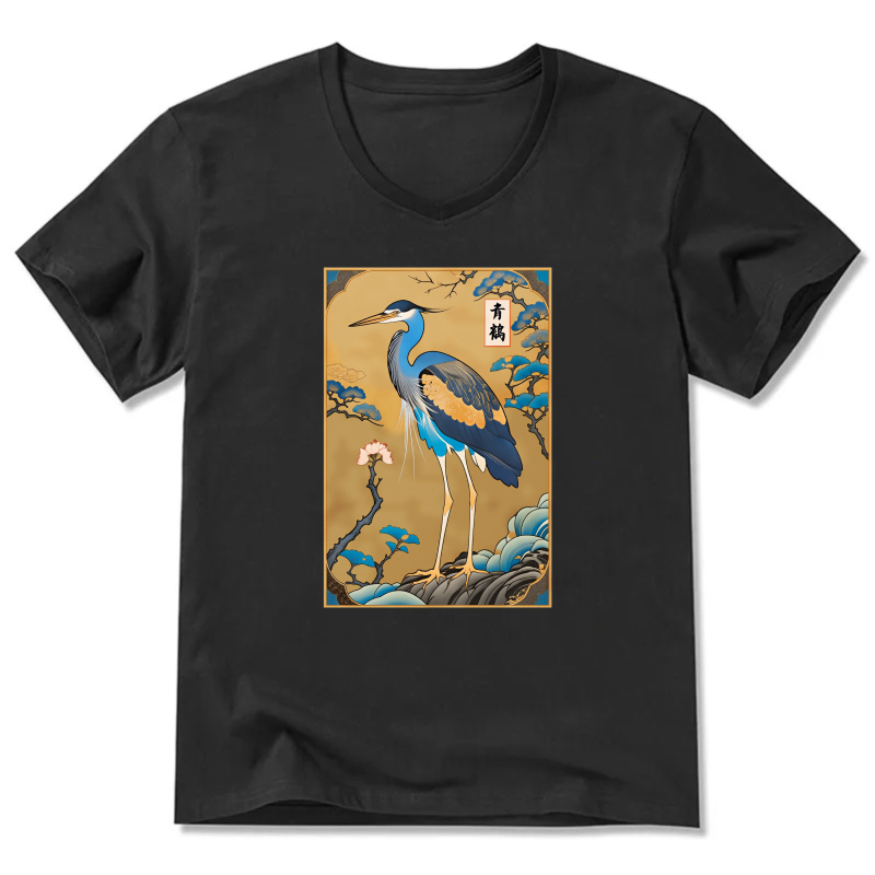 Japanese Crane Bird Art Print T Shirt Men Women Unisex Black Design