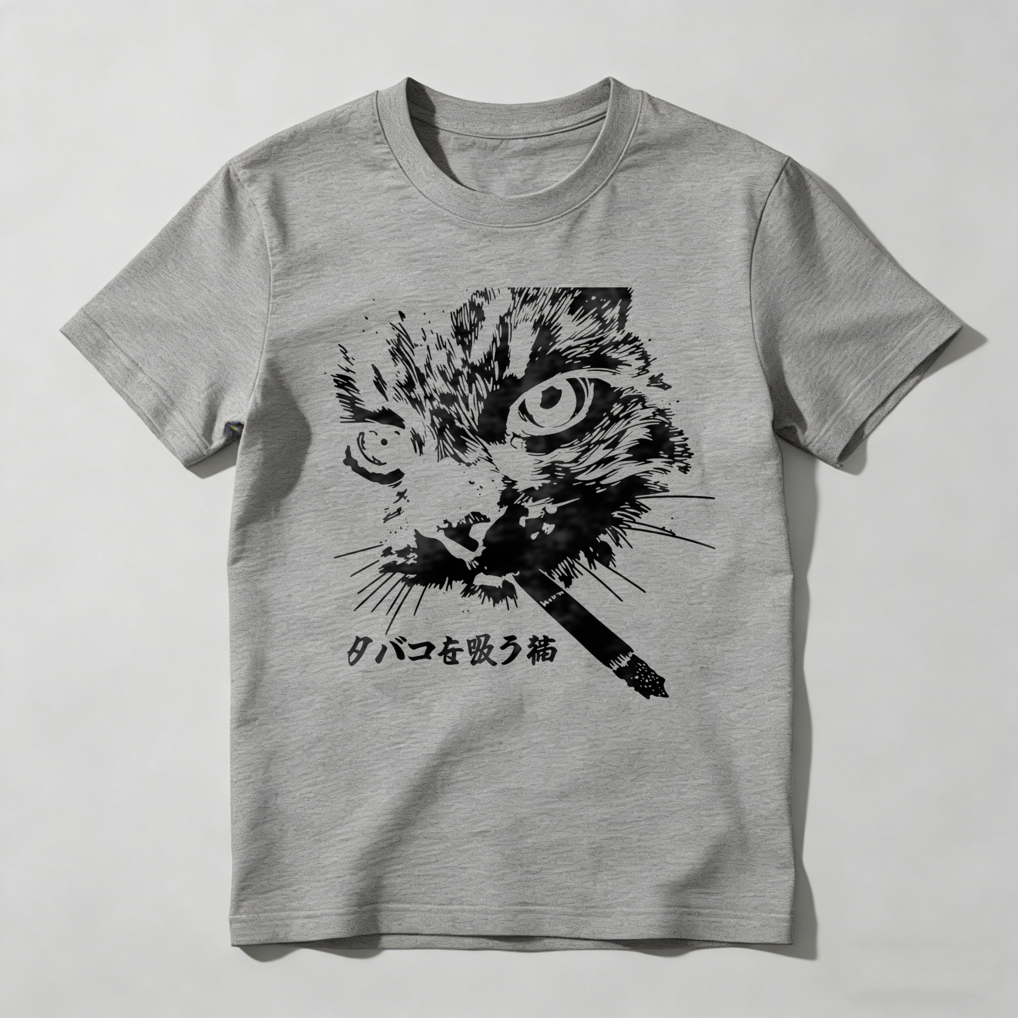 Cat Smoking Cigarette With Japanese Text tshirt 100% cotton