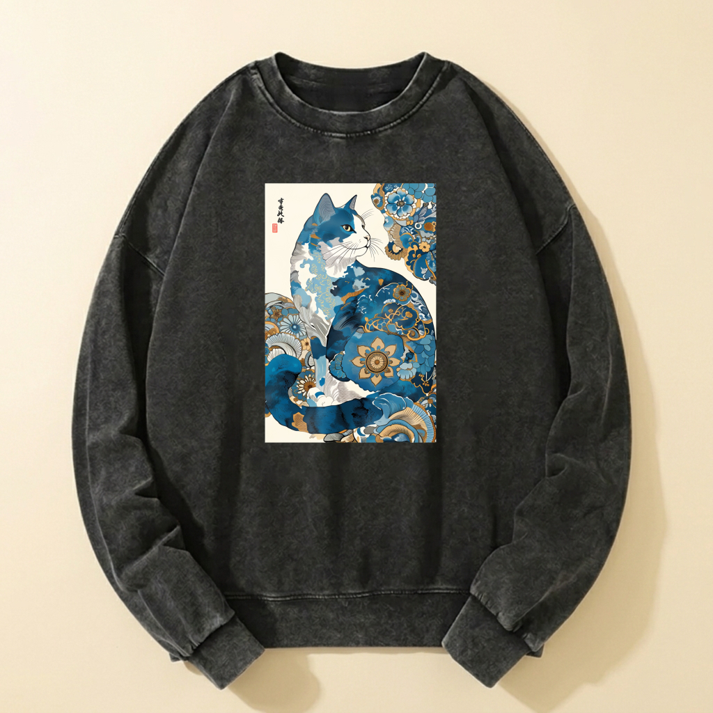 Blue Cat Art Print Crewneck Sweatshirt Unisex Casual Long Sleeve Pullover Fashion Top
