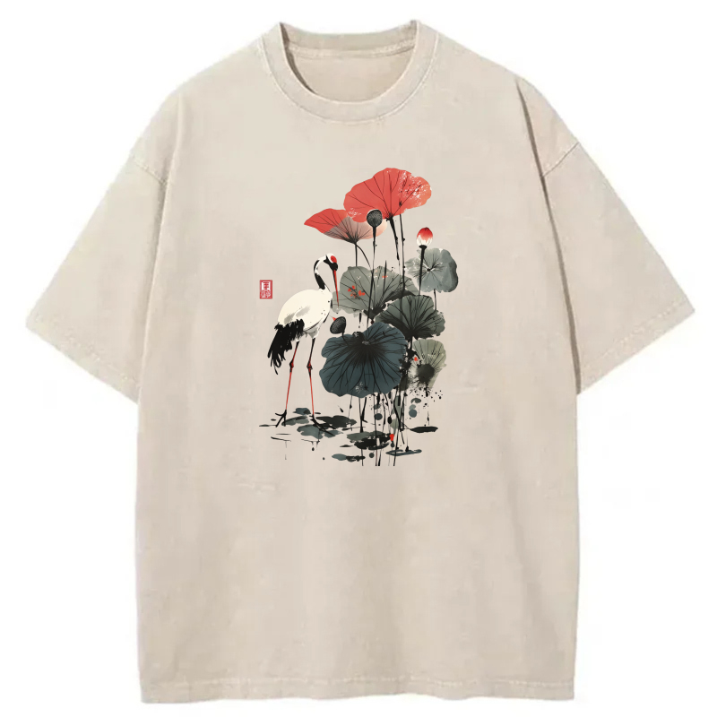 Crane Lotus Red Flower Art Print tshirt 100% cotton
