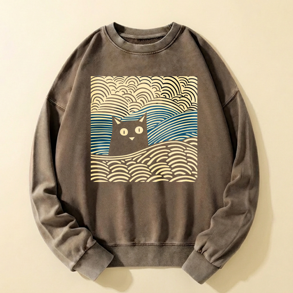 Black Cat Wave Pattern Crewneck Sweatshirt Artistic Design Unisex Casual Top