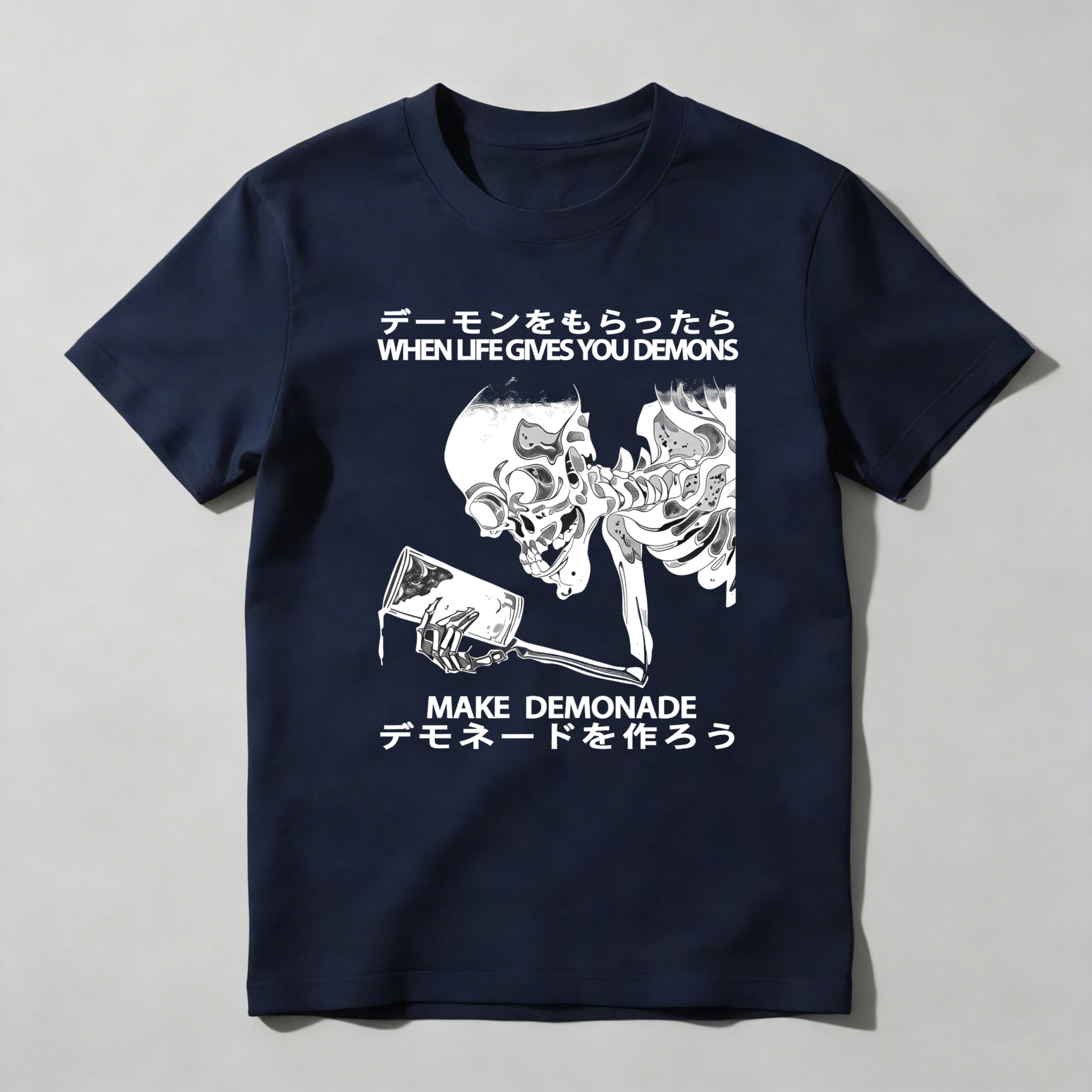 Demon Skeleton Holding Glass With Text tshirt 100% cotton