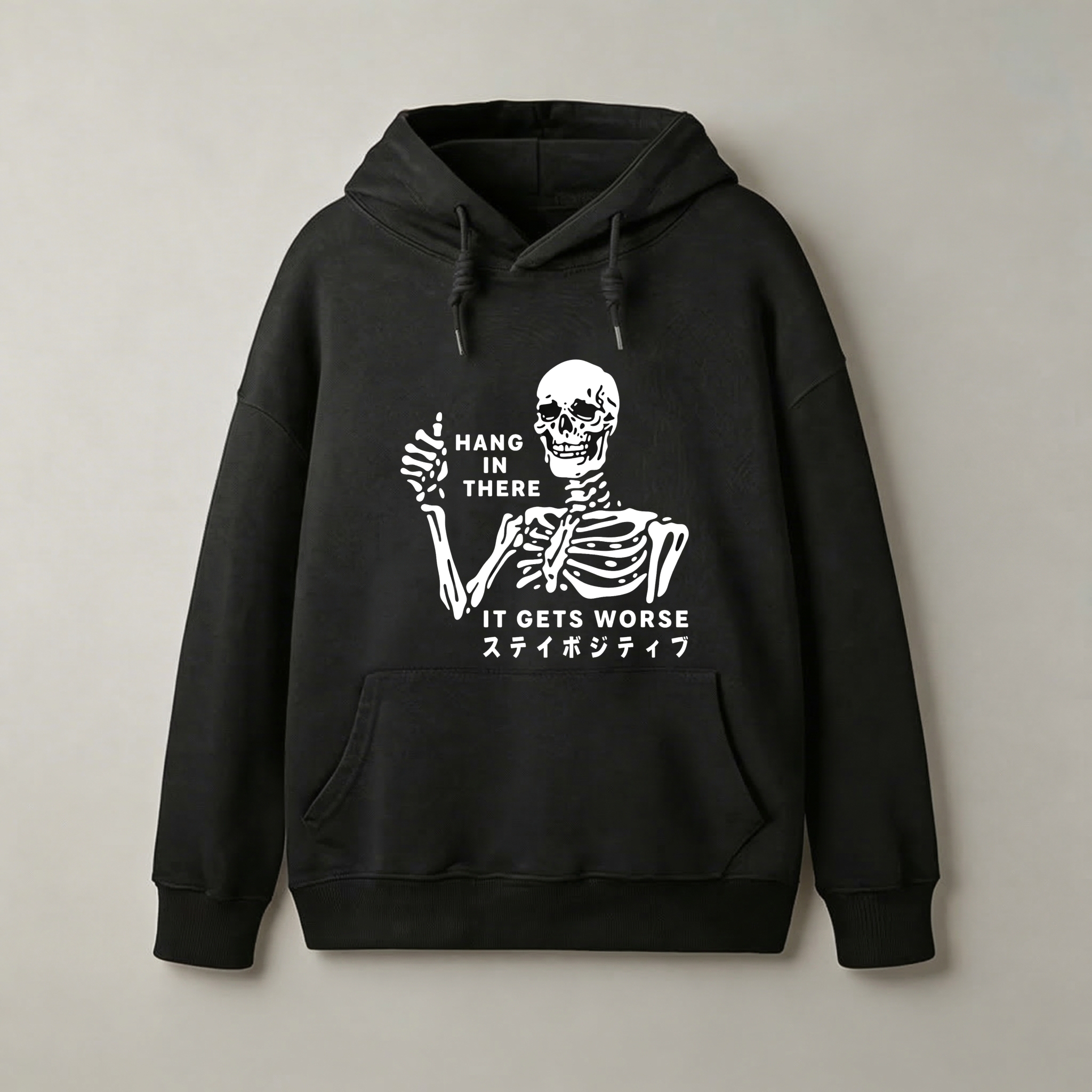 Skeleton Hang In There It Gets Worse Hoodie With Japanese Text Black Sweatshirt For Men Women Unisex Casual Wear