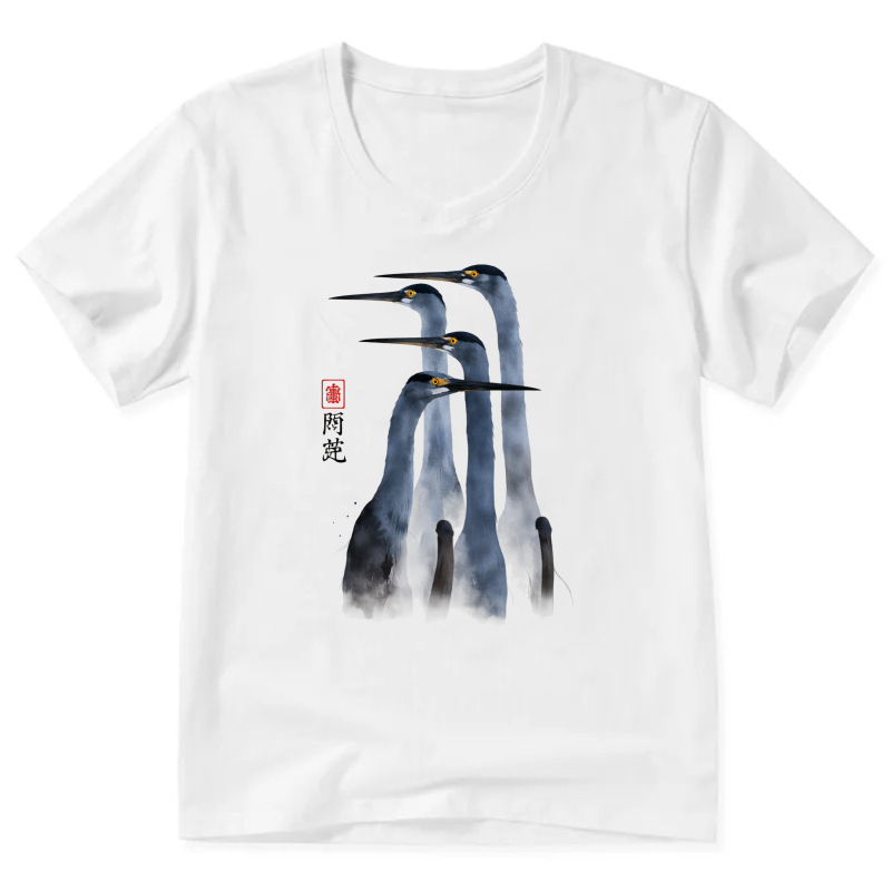 Black T Shirt With White Heron Design And Chinese Calligraphy Art Print
