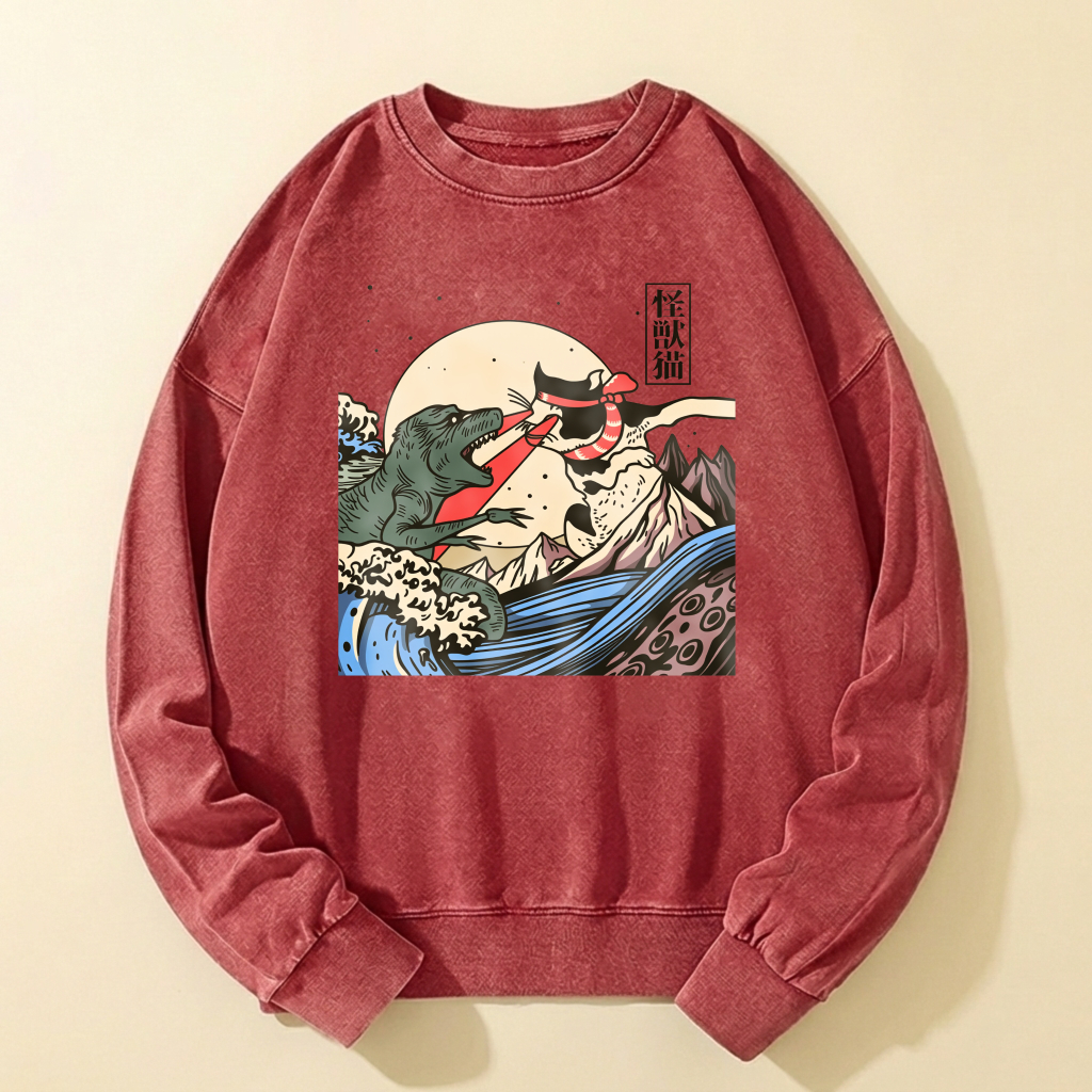 Black Crewneck Sweatshirt With Mythical Sea Monster And Moon Design Artistic Graphic Print Casual Wear For Men And Women