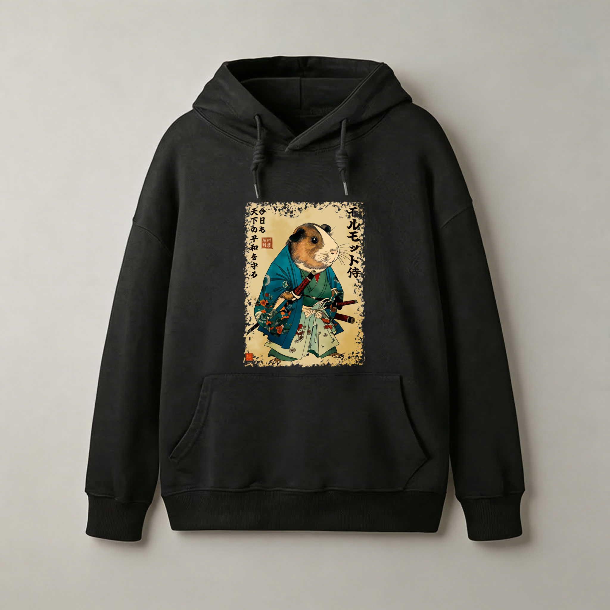 Cute Guinea Pig Samurai Hoodie Japanese Art Design Black Sweatshirt