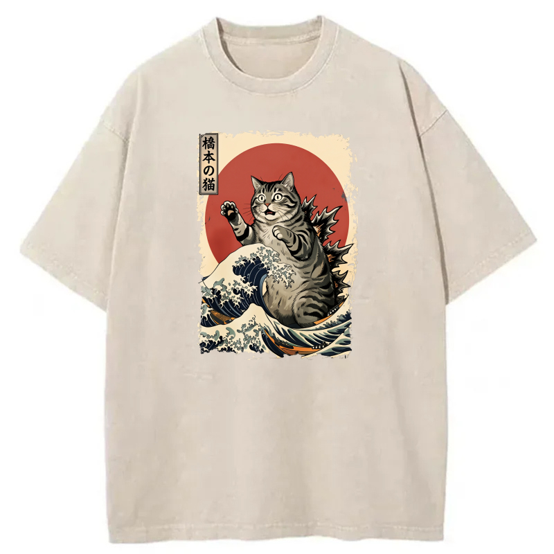 Cat Riding Wave With Red Sun Background tshirt 100% cotton