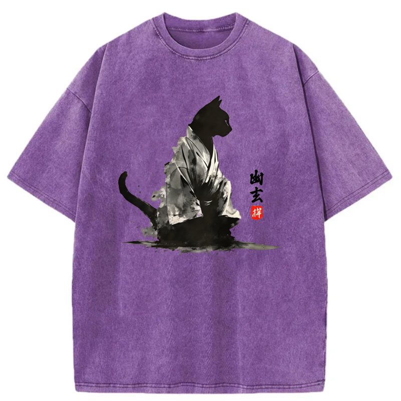 Black Cat In Kimono With Chinese Calligraphy tshirt 100% cotton