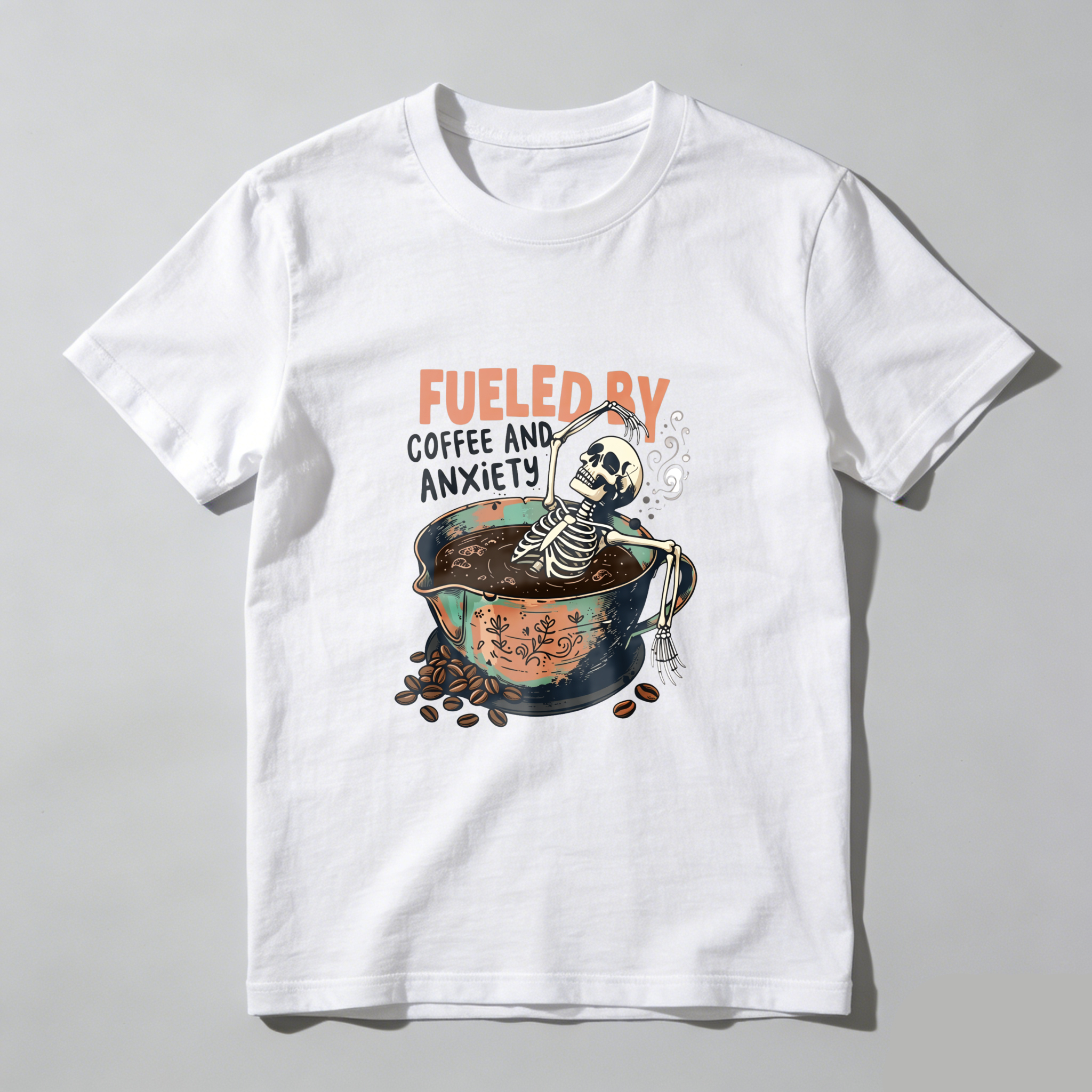 Fueled By Coffee Skeleton Design tshirt 100% cotton