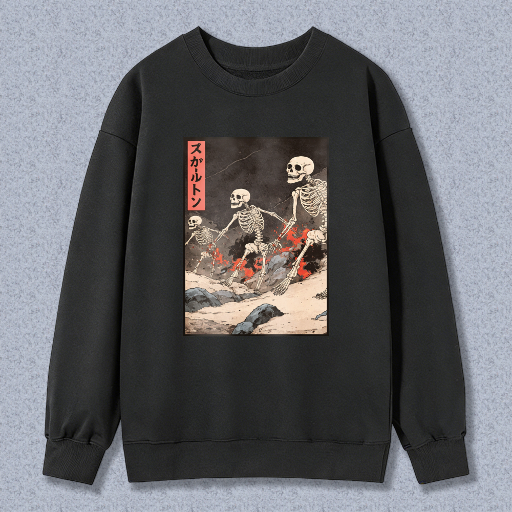 Skeletons Japanese Art Print Crewneck Sweatshirt Unisex Black Long Sleeve Pullover Fashion Streetwear