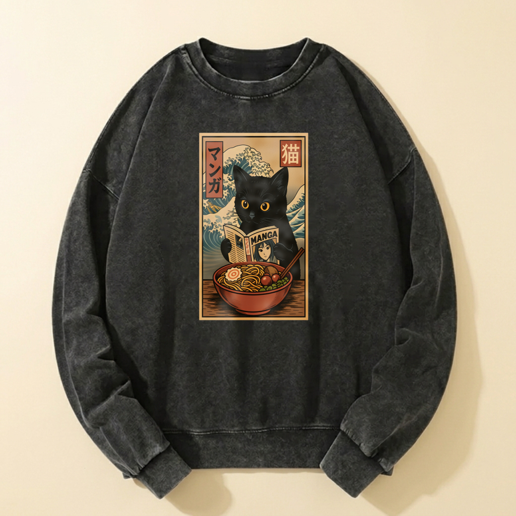 Black Cat Manga Ramen Sweatshirt Japanese Art Design Unisex Crewneck Pullover