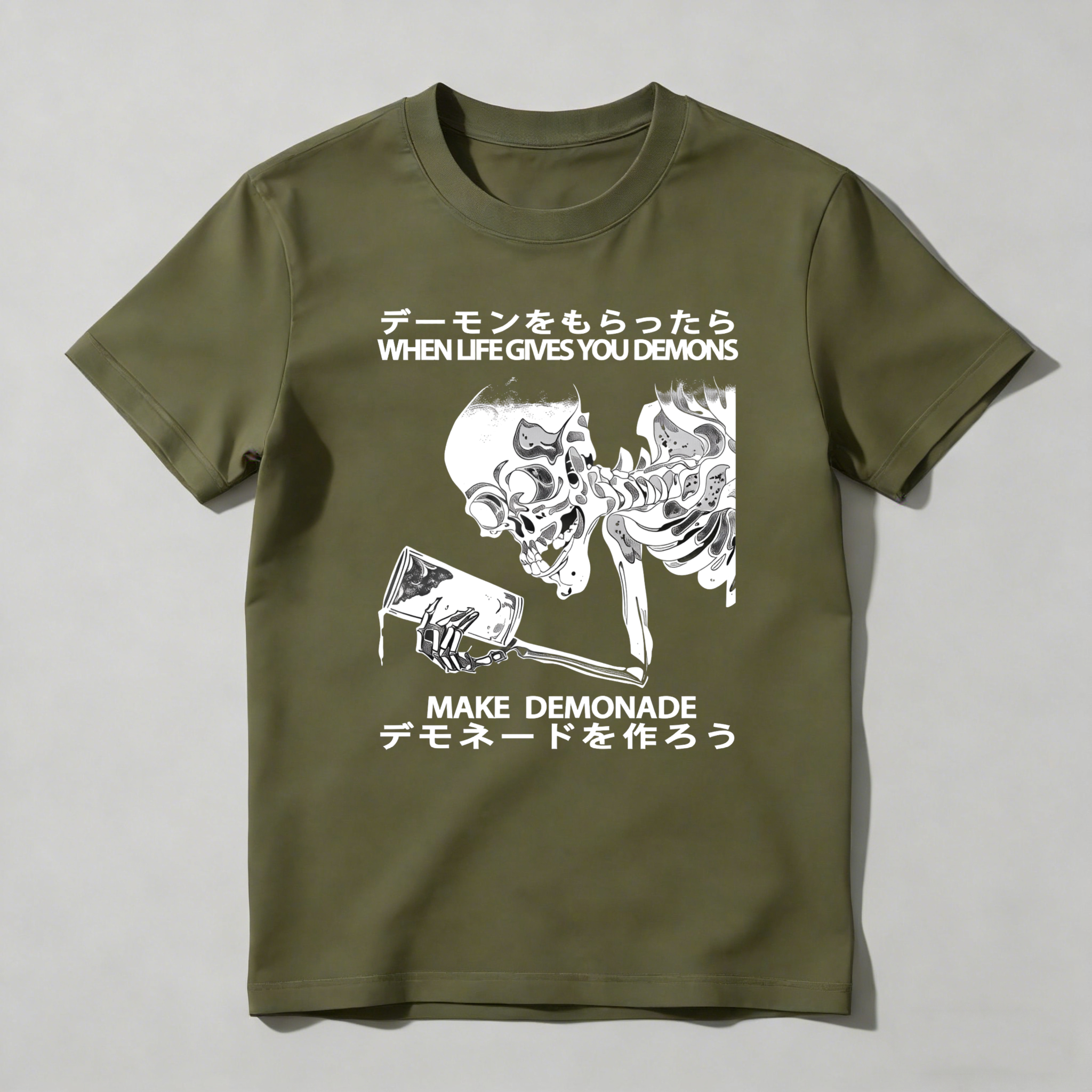 Demon Skeleton Holding Glass With Text tshirt 100% cotton
