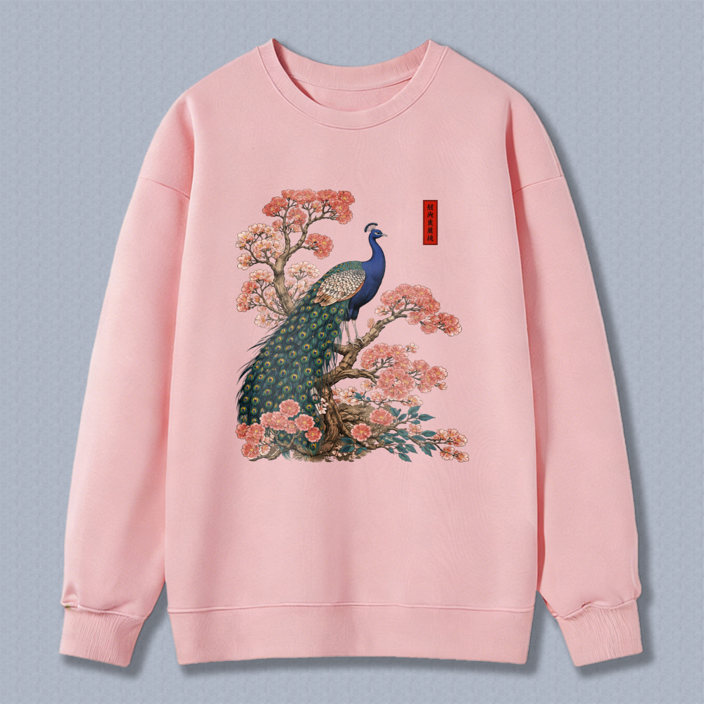 Peacock And Cherry Blossom Art Sweatshirt Unisex Crewneck Pullover Fashion Casual Top
