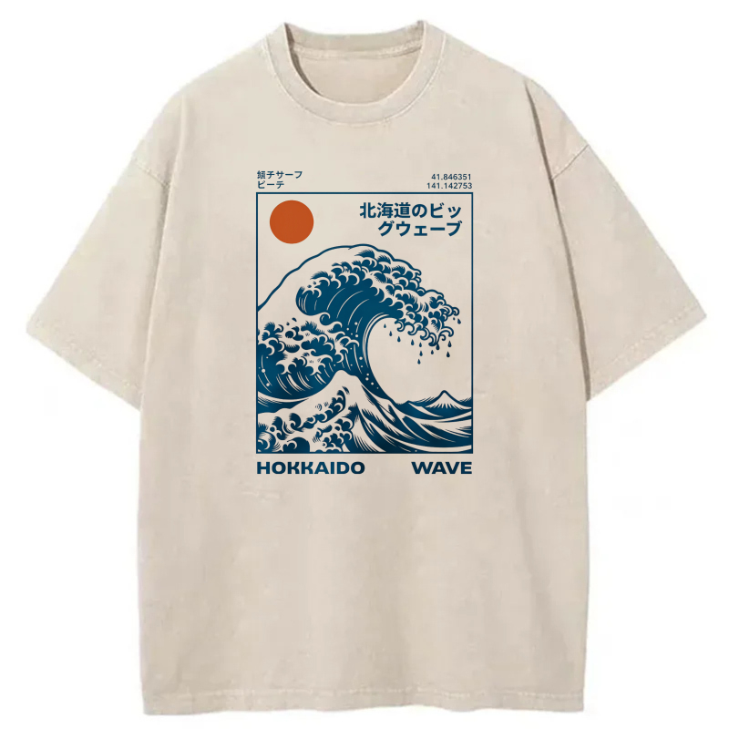 Hokkaido Wave Art Design With Sun And Ocean tshirt 100% cotton