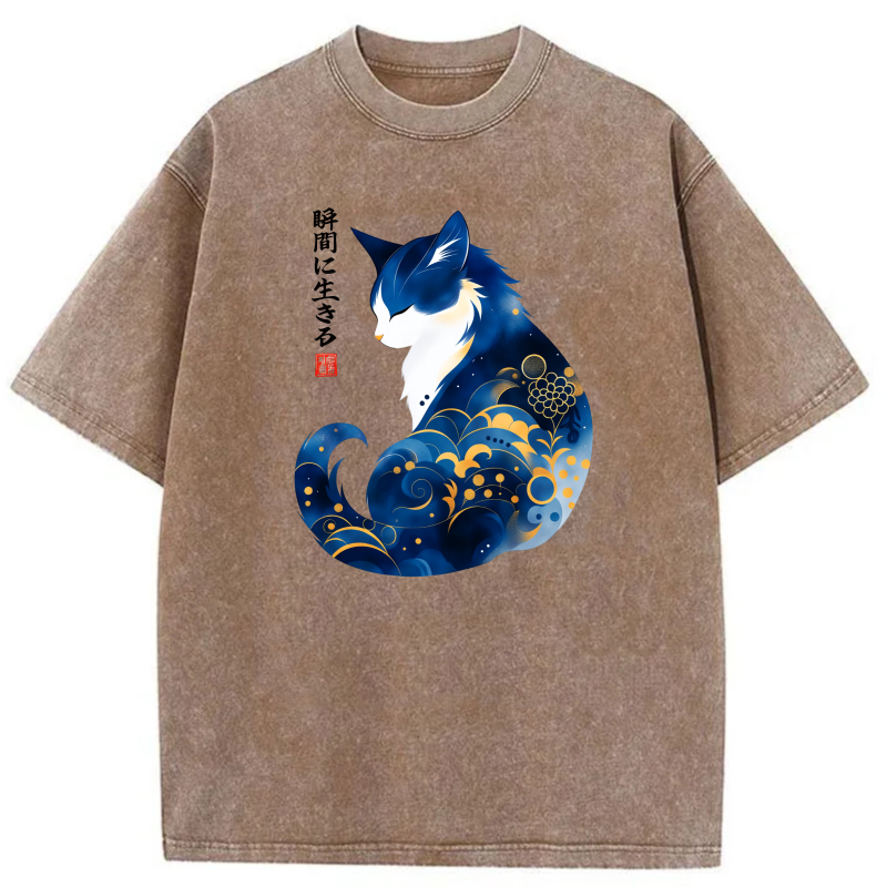 Blue Cat With Wave Pattern And Japanese Text tshirt 100% cotton