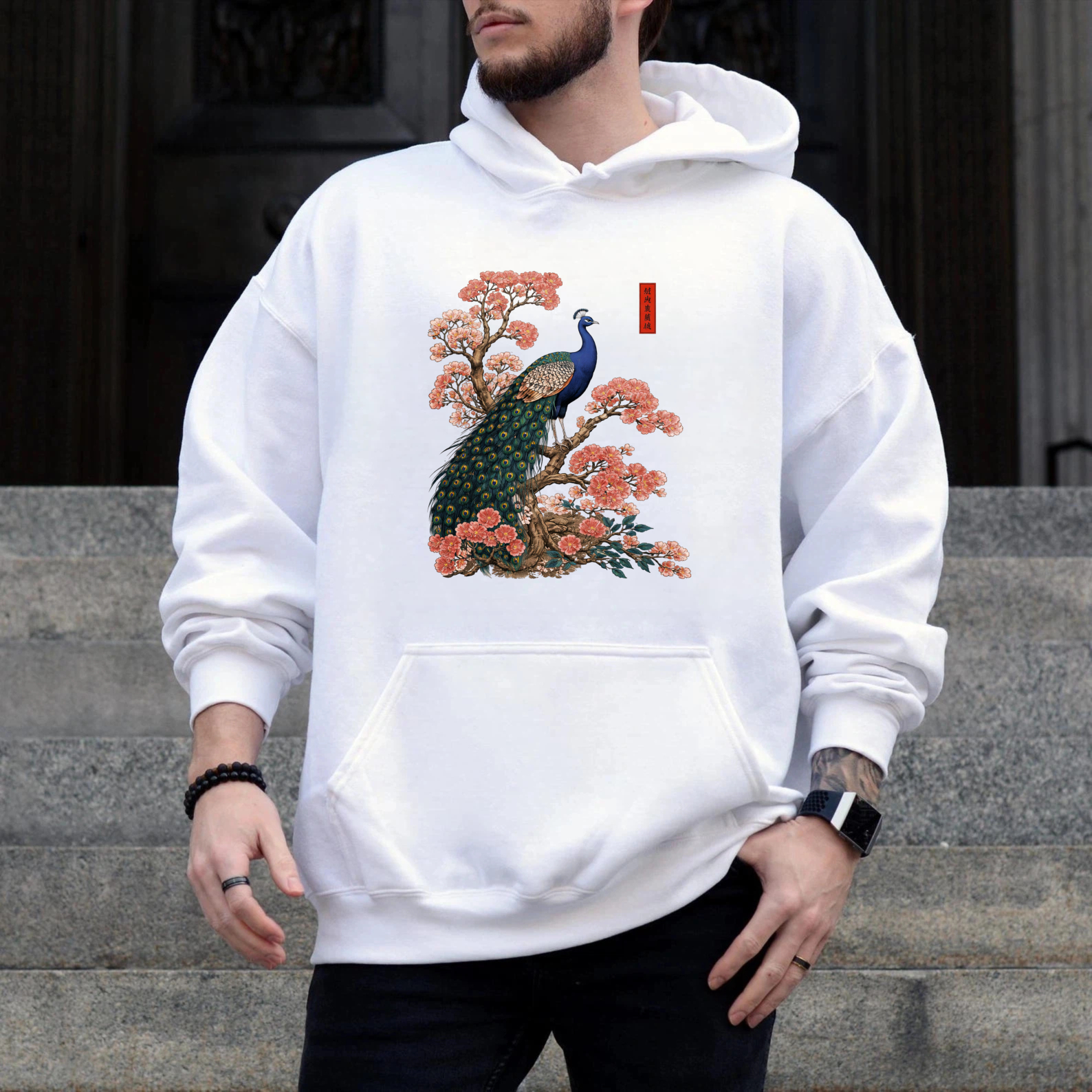 Peacock And Cherry Blossom Art Hoodie Black Unisex Sweatshirt With Front Pocket And Drawstring Hood
