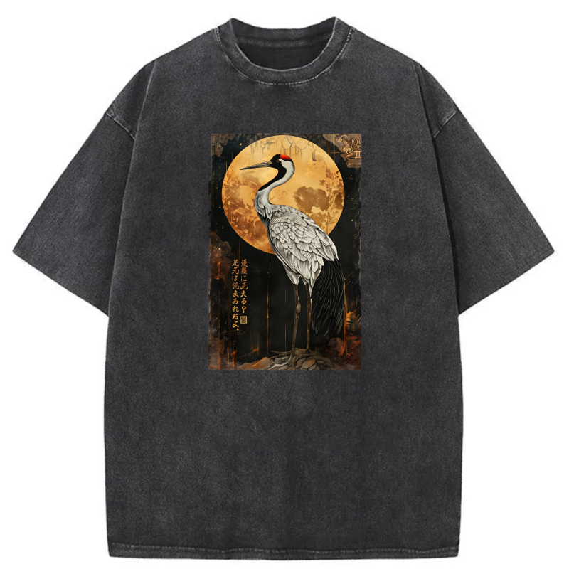 Crane Standing Before Full Moon With Chinese Characters tshirt 100% cotton