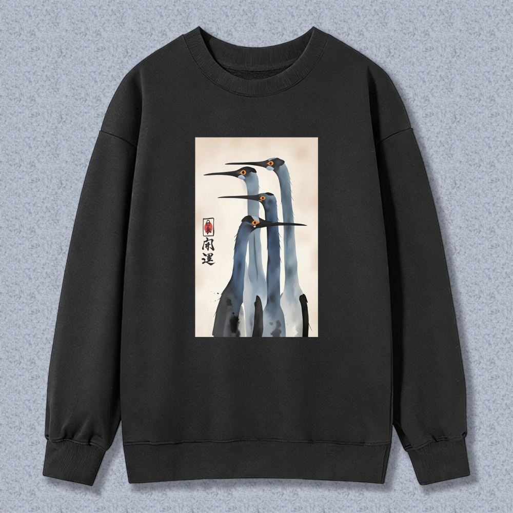 Chinese Painting Crane Art Sweatshirt Unisex Crewneck Pullover Long Sleeve Casual Top