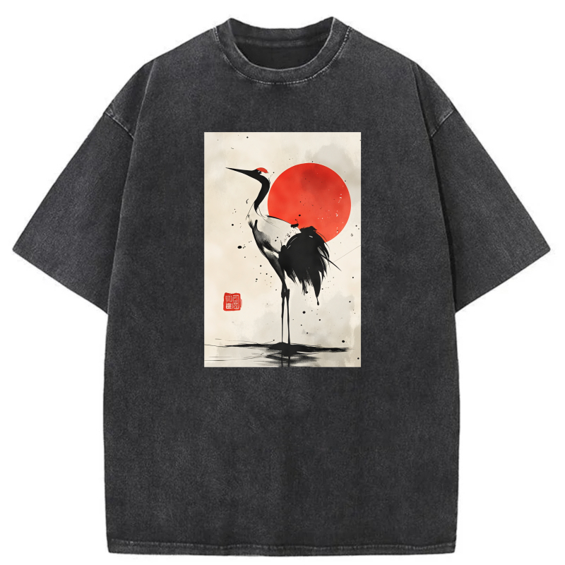 Crane Red Sun Ink Art Design tshirt 100% cotton