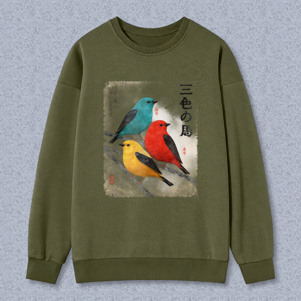 Colorful Birds Japanese Art Sweatshirt Unisex Crewneck Pullover Fashion Graphic Sweatshirt