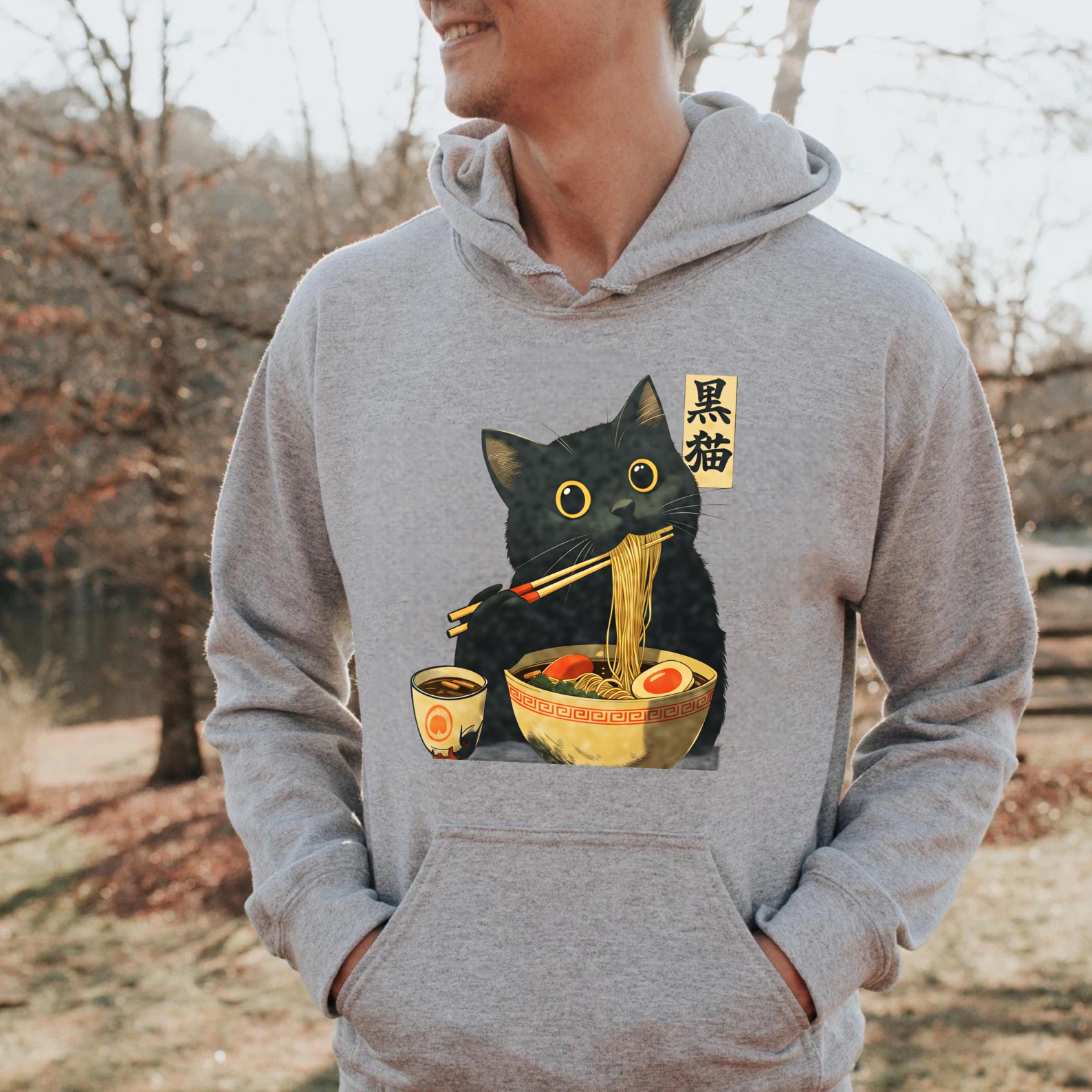 Black Cat Eating Ramen Hoodie Japanese Food Anime Style Sweatshirt