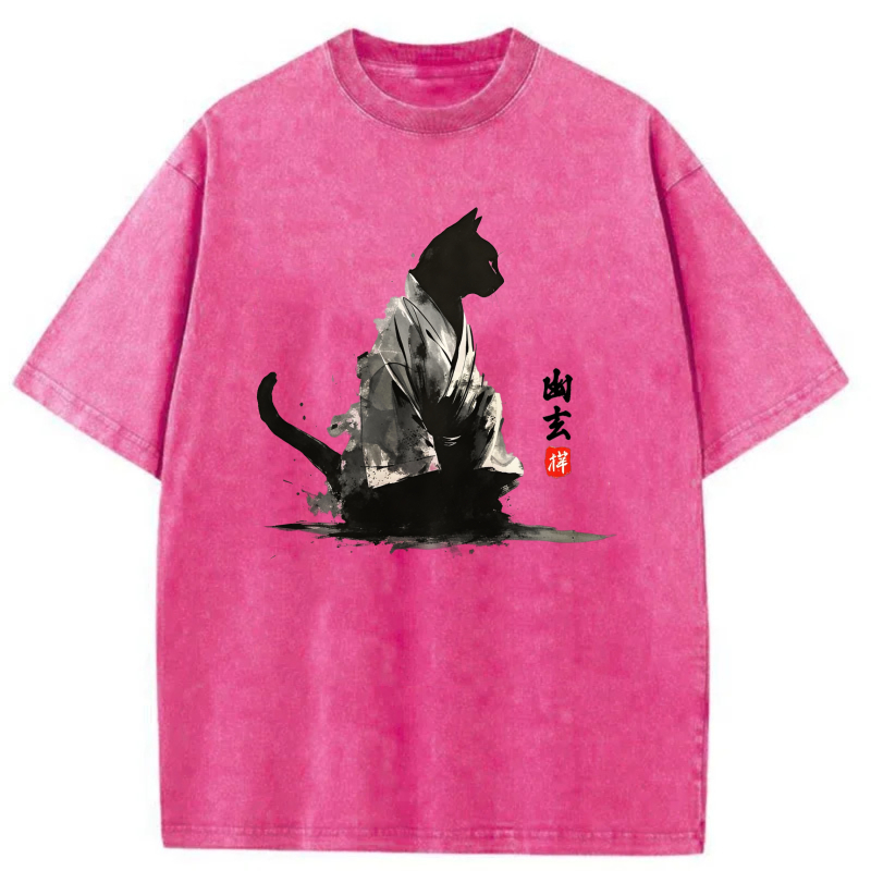 Black Cat In Kimono With Chinese Calligraphy tshirt 100% cotton