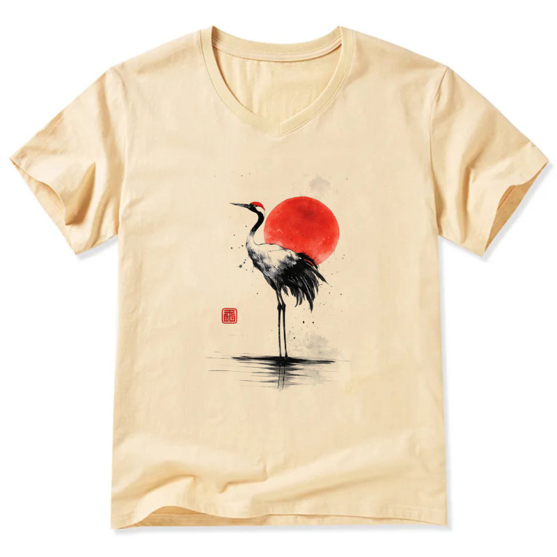 Black Crane And Red Sun Art T Shirt Men Women Unisex V Neck Casual Wear