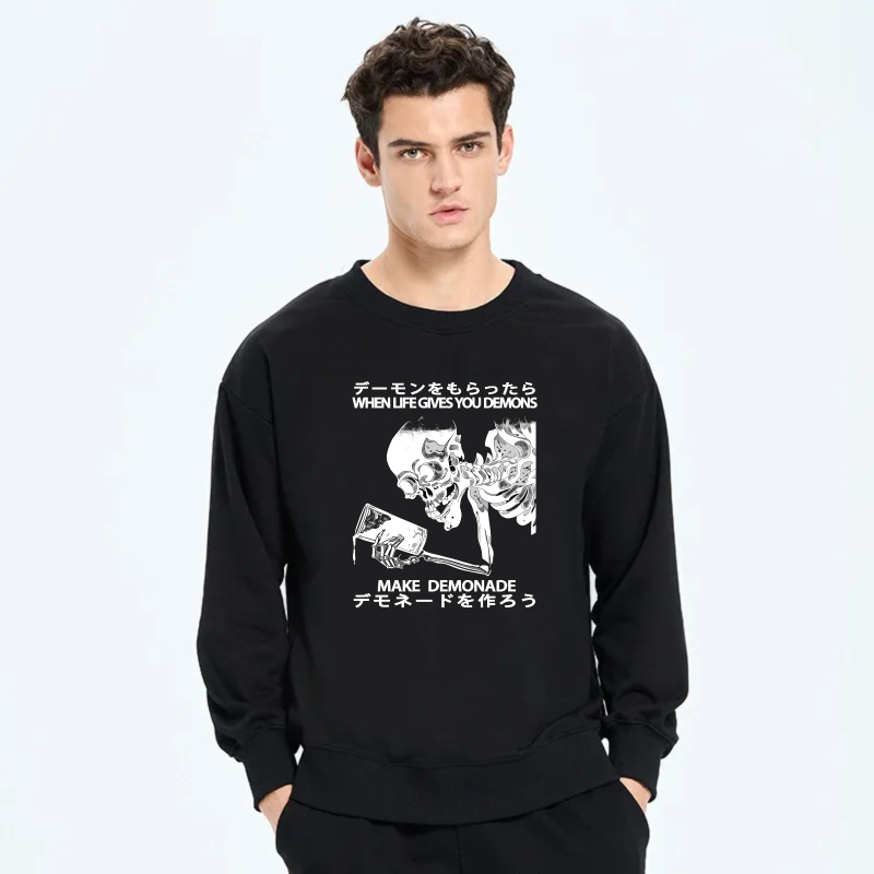 When Life Gives You Demons Make Demonade Sweatshirt With Skull And Japanese Text Design