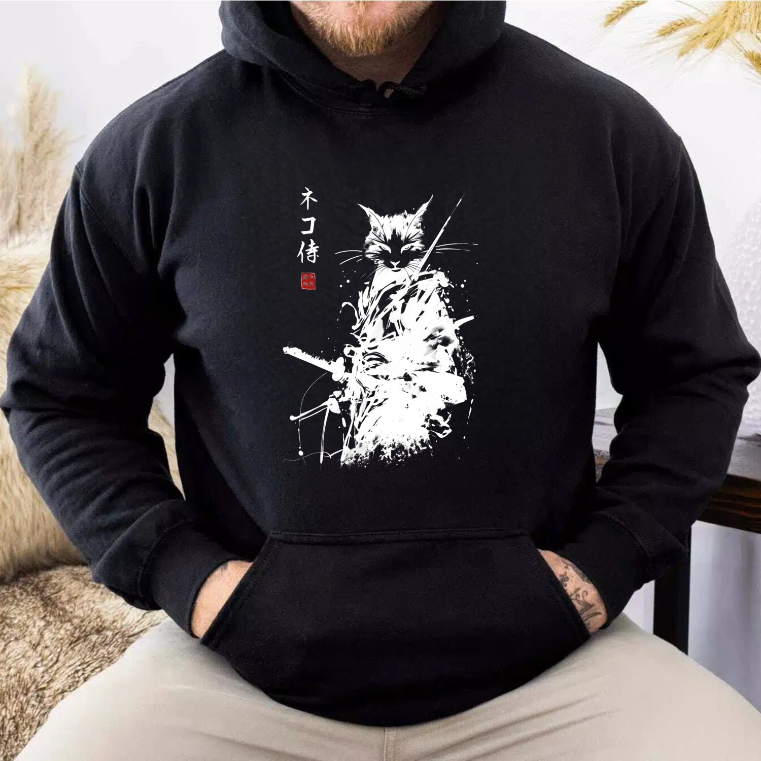 Cat Ninja Warrior Black Hoodie With Japanese Calligraphy Design For Men And Women