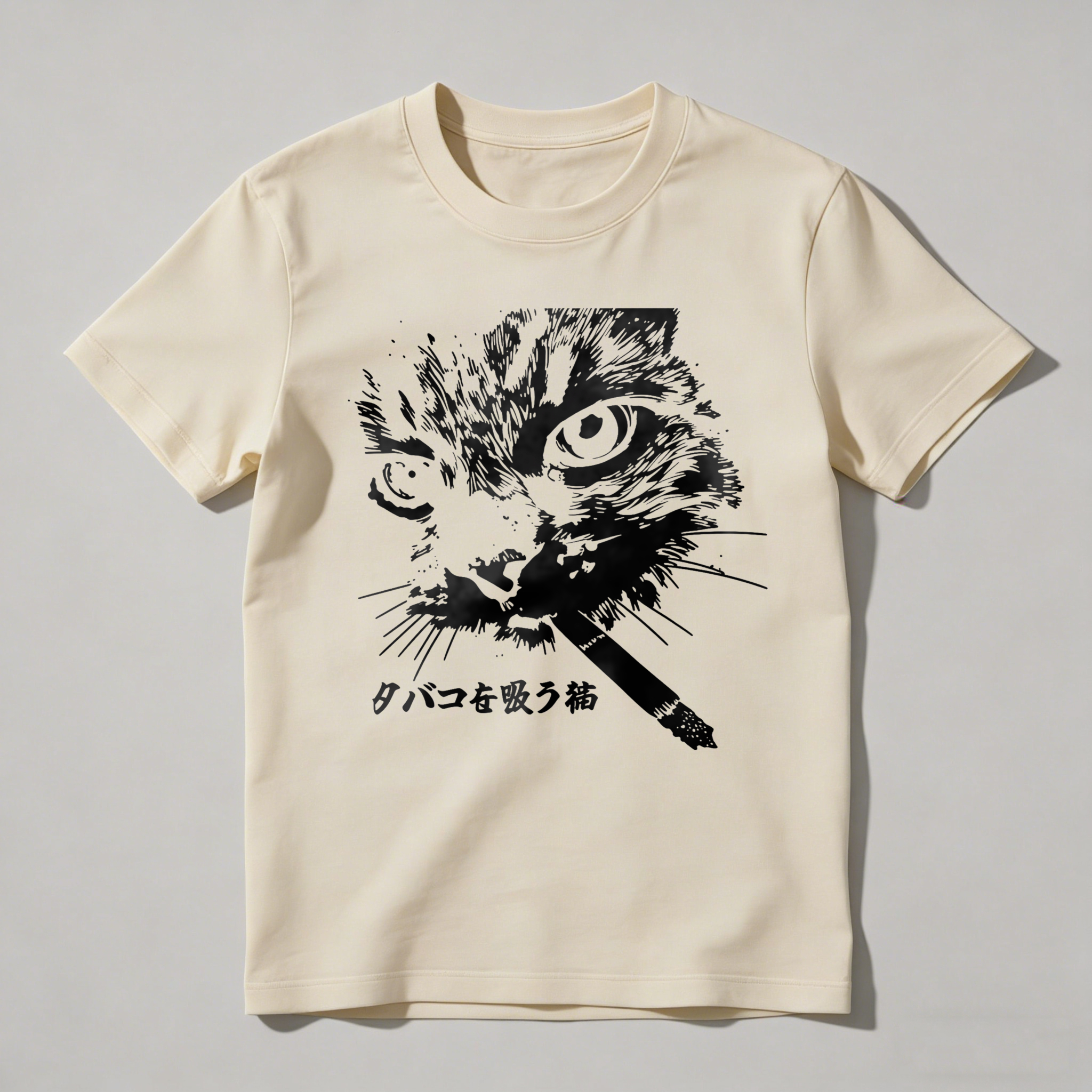 Cat Smoking Cigarette With Japanese Text tshirt 100% cotton