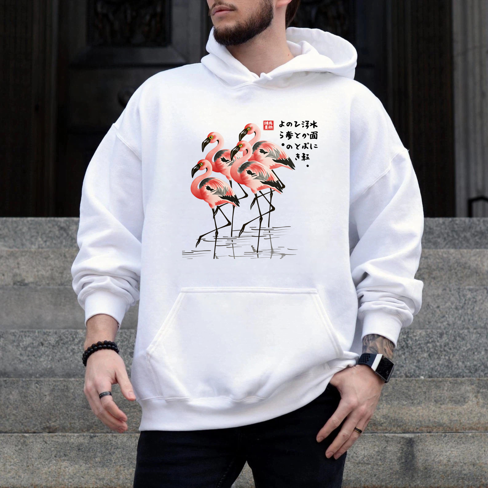 Flamingo Art Print Hoodie Japanese Style Black Sweatshirt With Pocket And Drawstring Cap