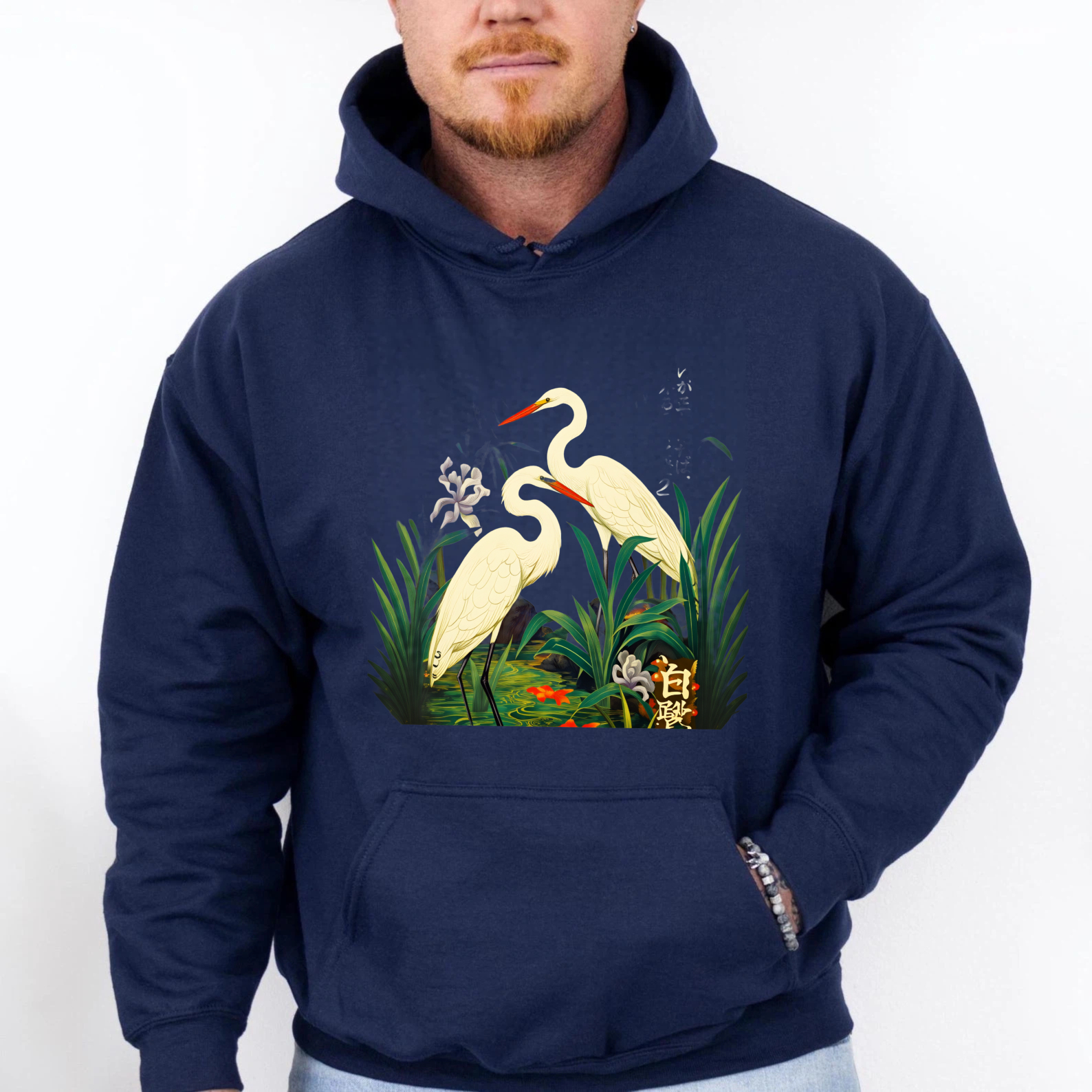Black Hoodie With Crane And Floral Design Nature Inspired Art Print Sweatshirt