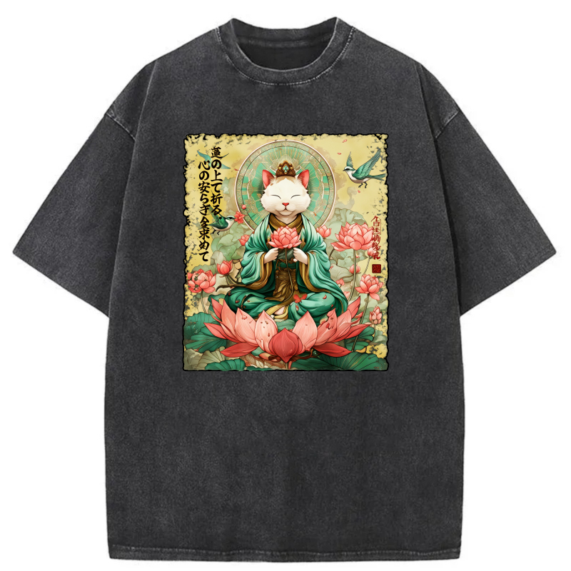 Cat Buddha Lotus Flowers Bird Calligraphy tshirt 100% cotton