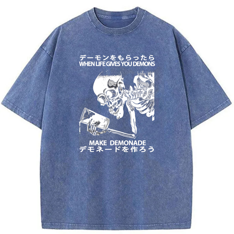 Demon Skeleton Making Lemonade With Text tshirt 100% cotton