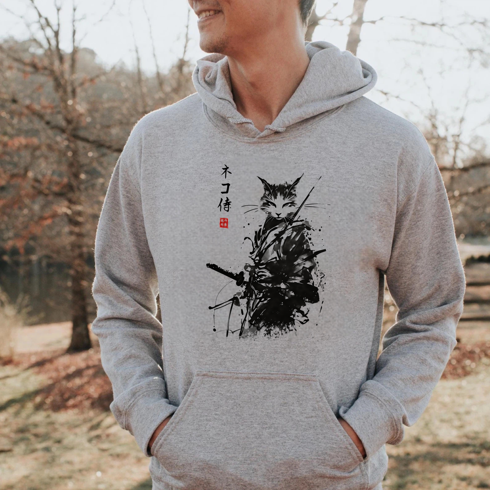 Cat Ninja Warrior Black Hoodie With Japanese Calligraphy Design For Men And Women