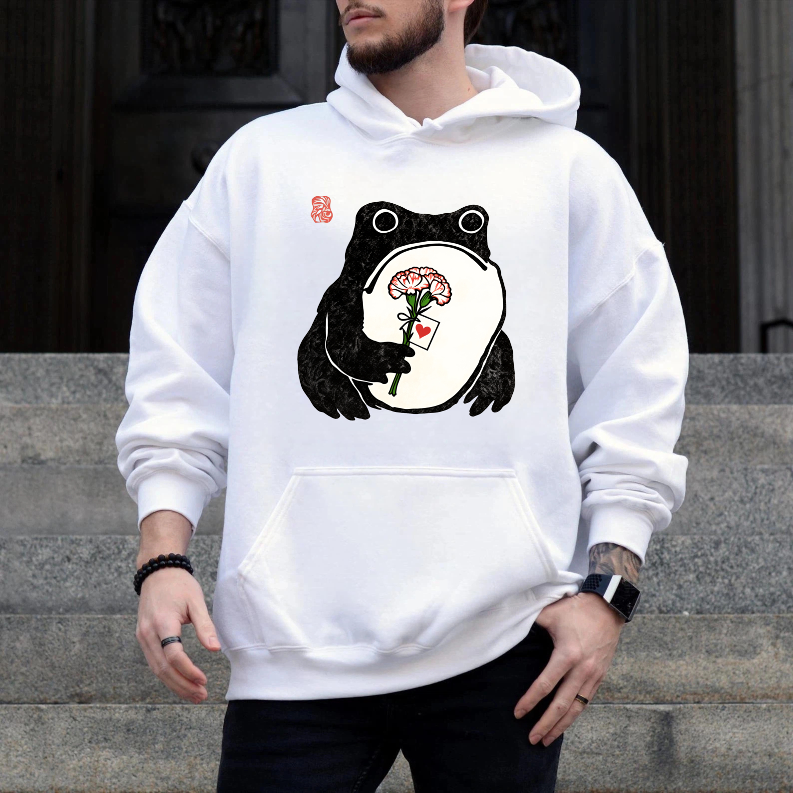 Frog Holding Rose Hoodie Black Cute Animal Design For Women And Men Unisex Sweatshirt With Pocket