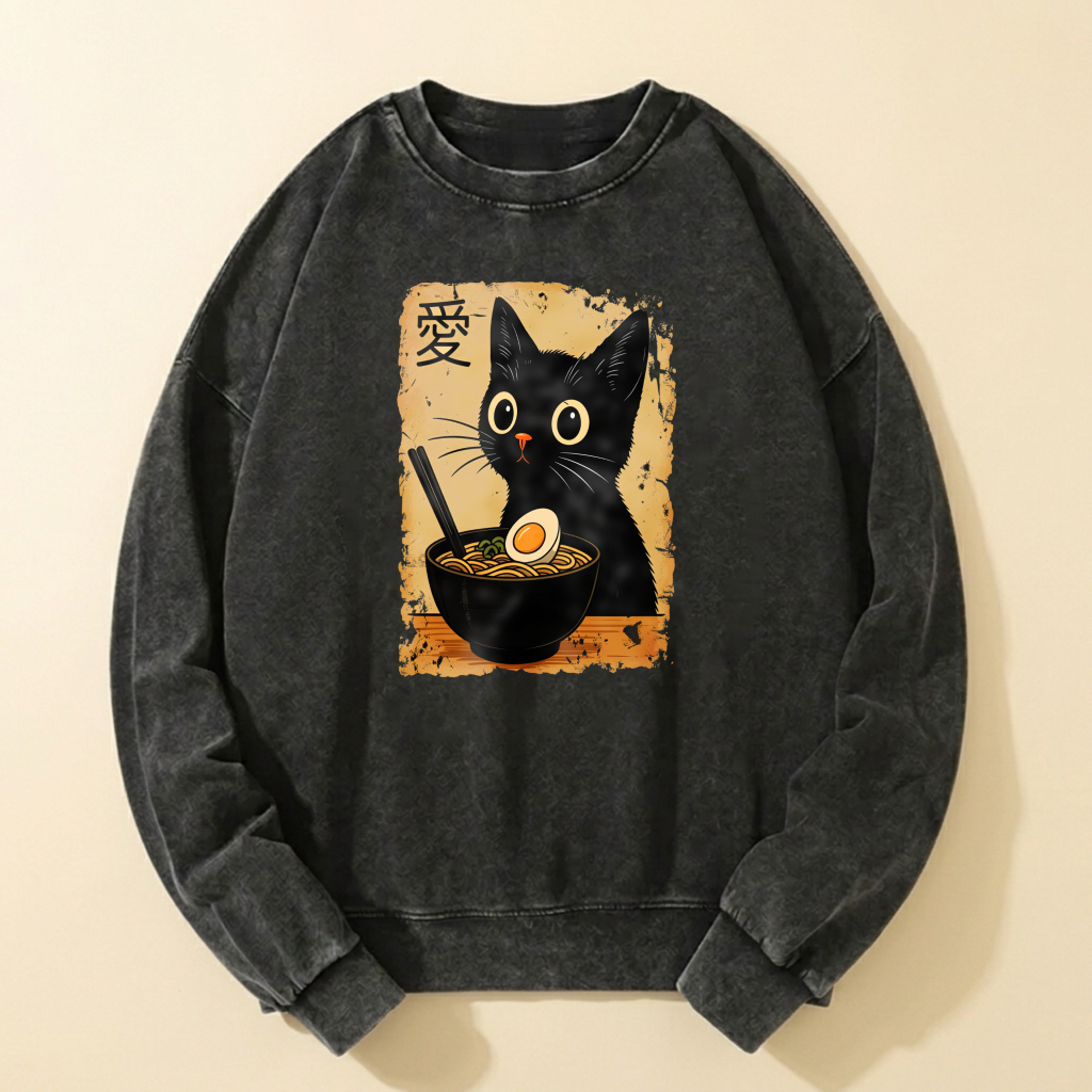 Black Cat Eating Ramen Sweatshirt Love Symbol Graphic Crewneck Pullover