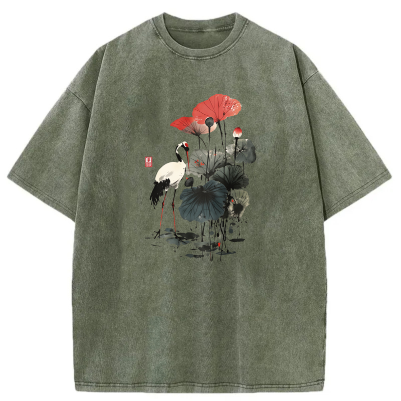 Crane Lotus Red Flower Art Print tshirt 100% cotton