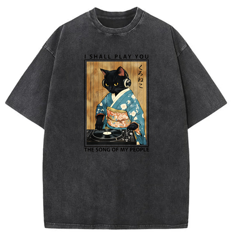 Cat In Kimono Playing Vinyl Record tshirt 100% cotton